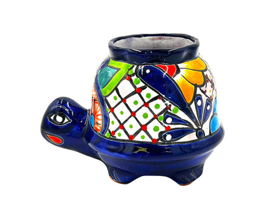 Mexican Talavera Corona Turtle Planter Pot Hand Painted - Dark Blue Body